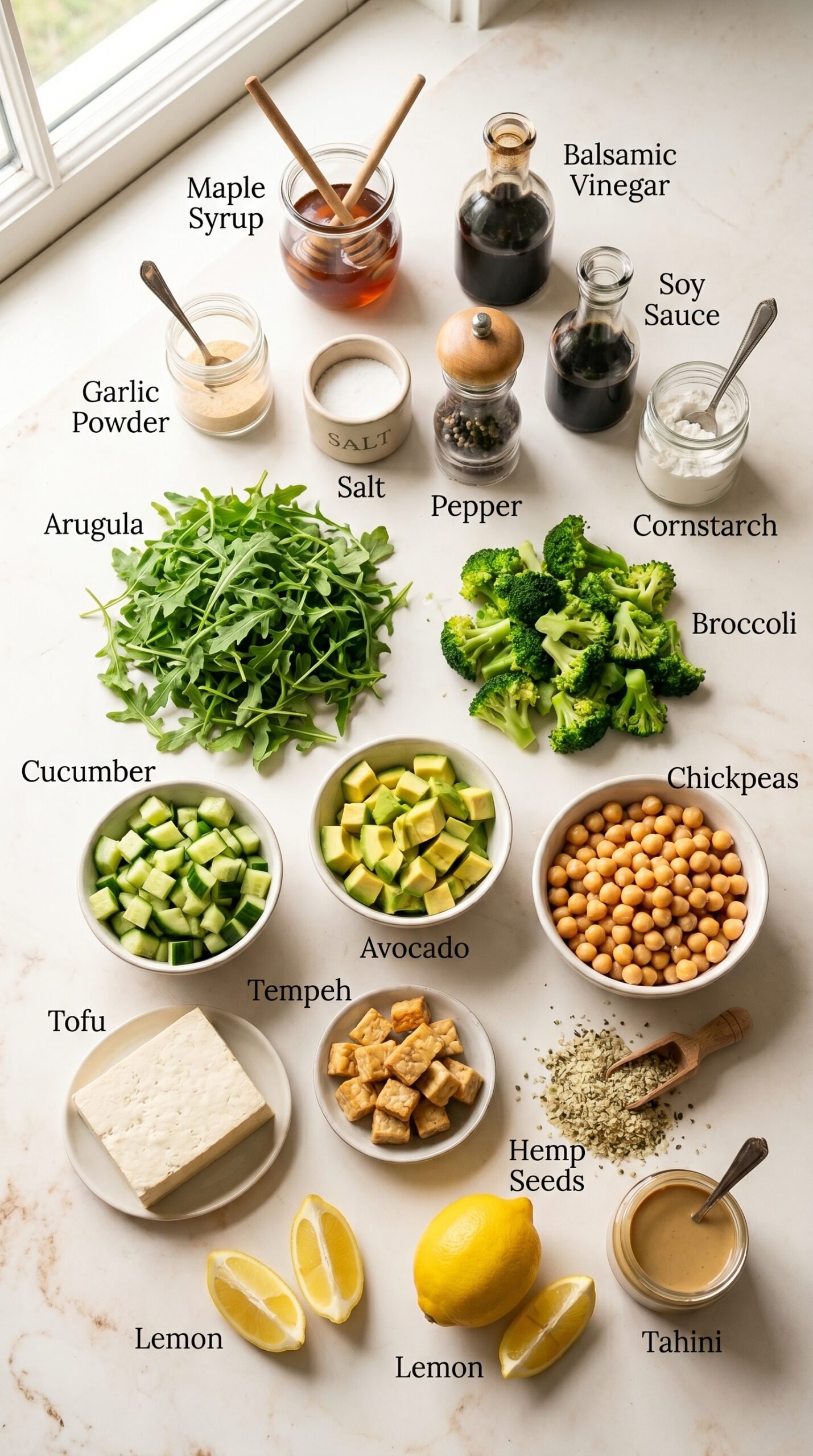 High-Protein Vegan Salad Bowl with Tempeh, Tofu, and Fresh Greens recipe ingredients