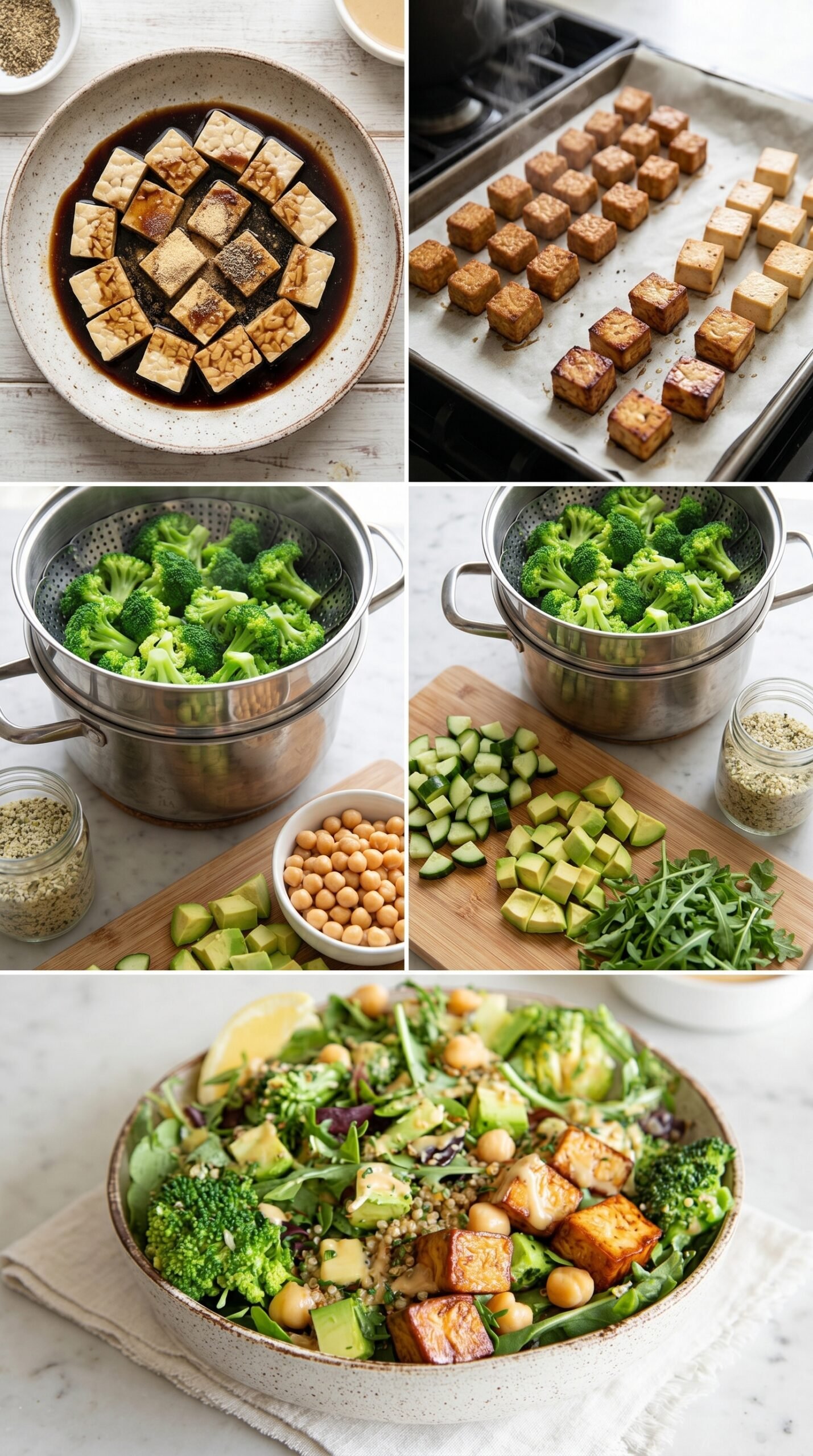 High-Protein Vegan Salad Bowl with Tempeh, Tofu, and Fresh Greens recipe instructions