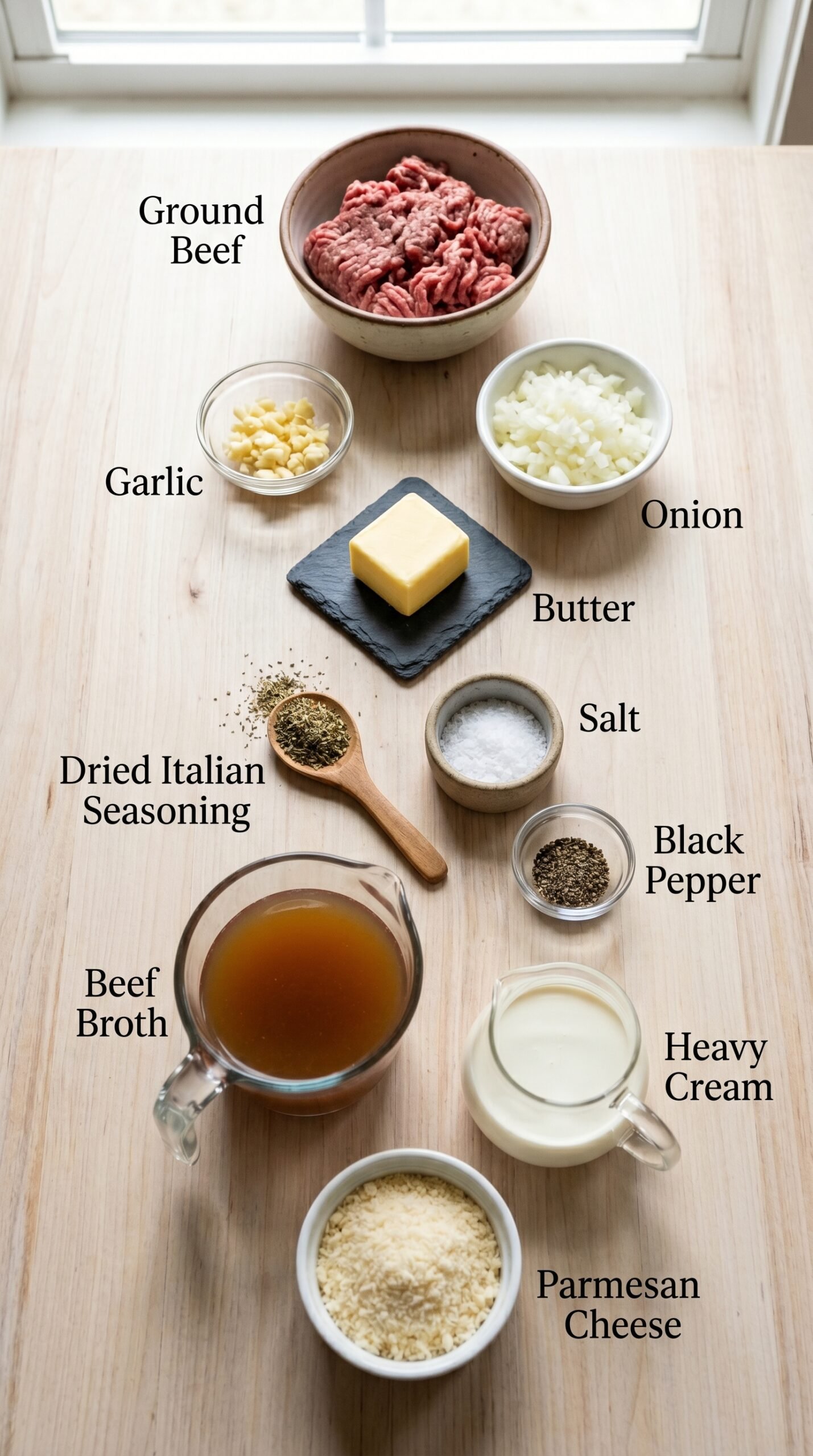 One-Pot Creamy Beef and Garlic Butter Pasta recipe ingredients