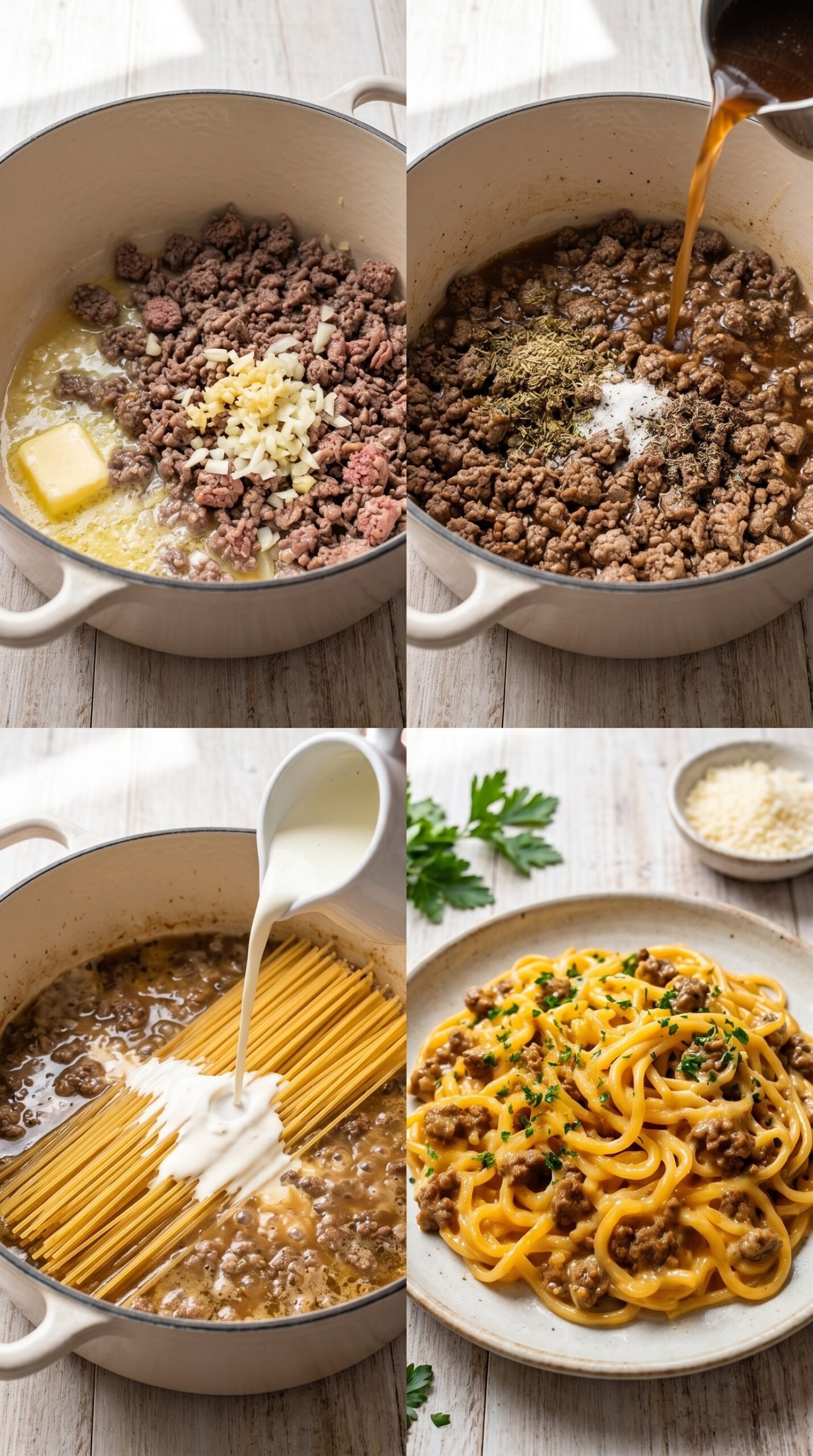 One-Pot Creamy Beef and Garlic Butter Pasta recipe instructions