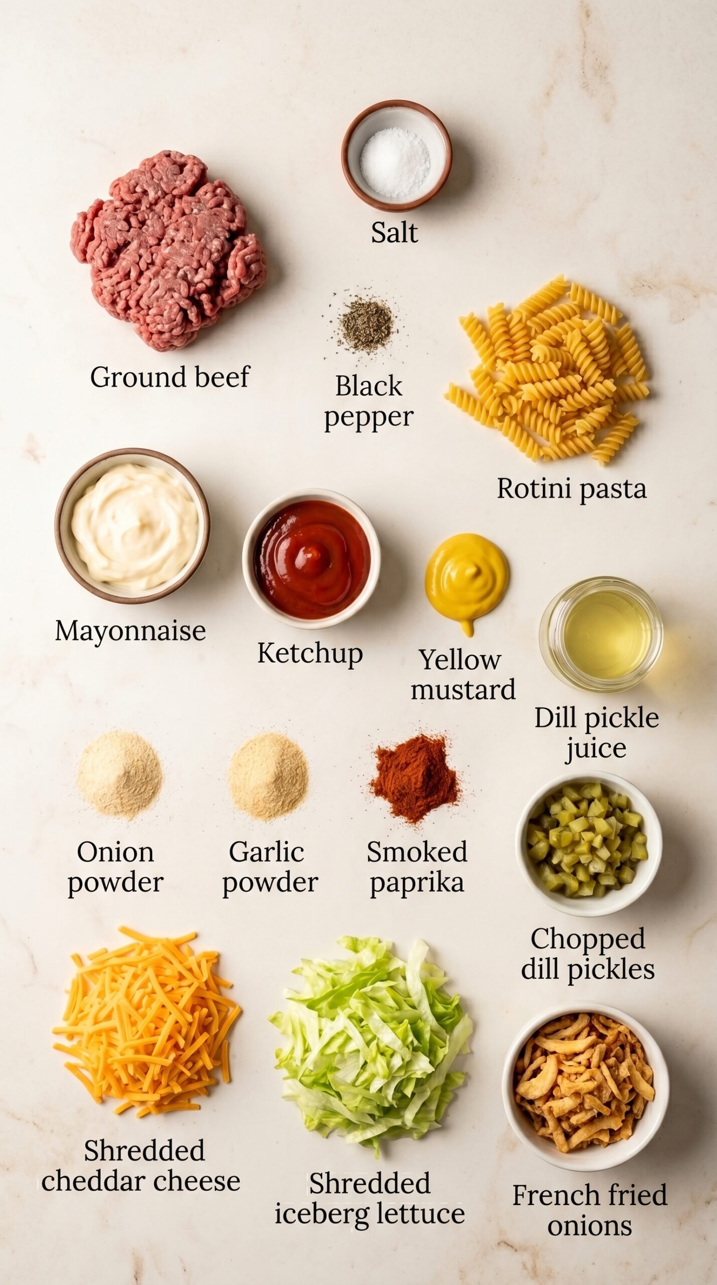Big Mac Pasta Salad with Creamy Burger Sauce recipe ingredients