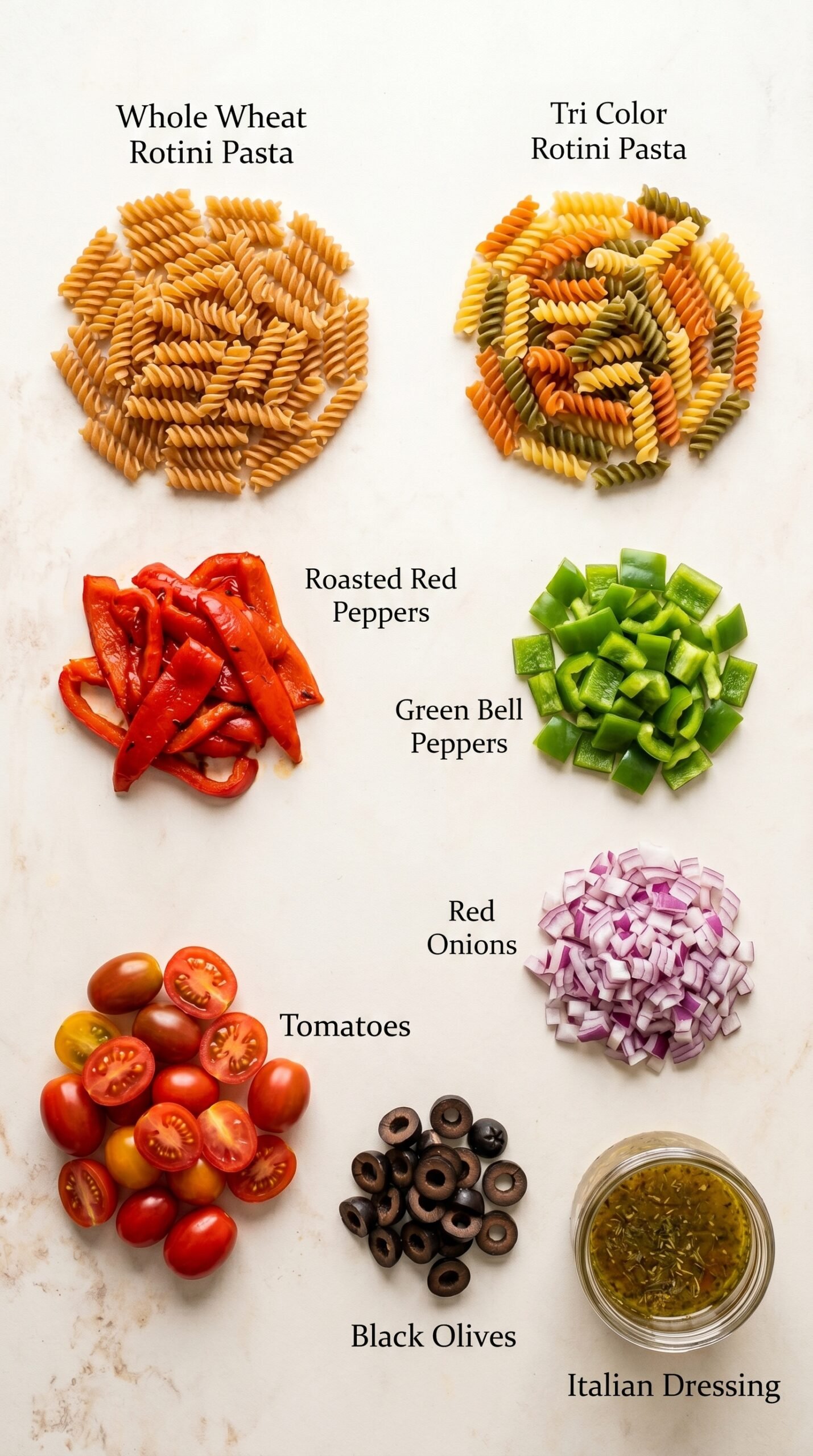 Vegan Pasta Salad with Olives, Peppers, and Italian Dressing recipe ingredients
