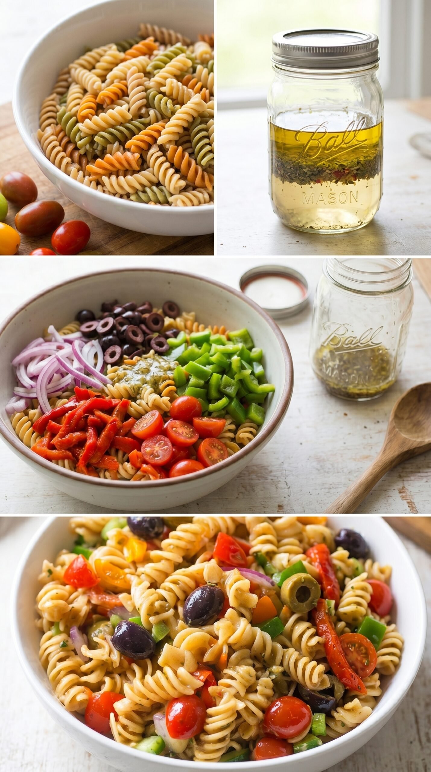 Vegan Pasta Salad with Olives, Peppers, and Italian Dressing recipe instructions