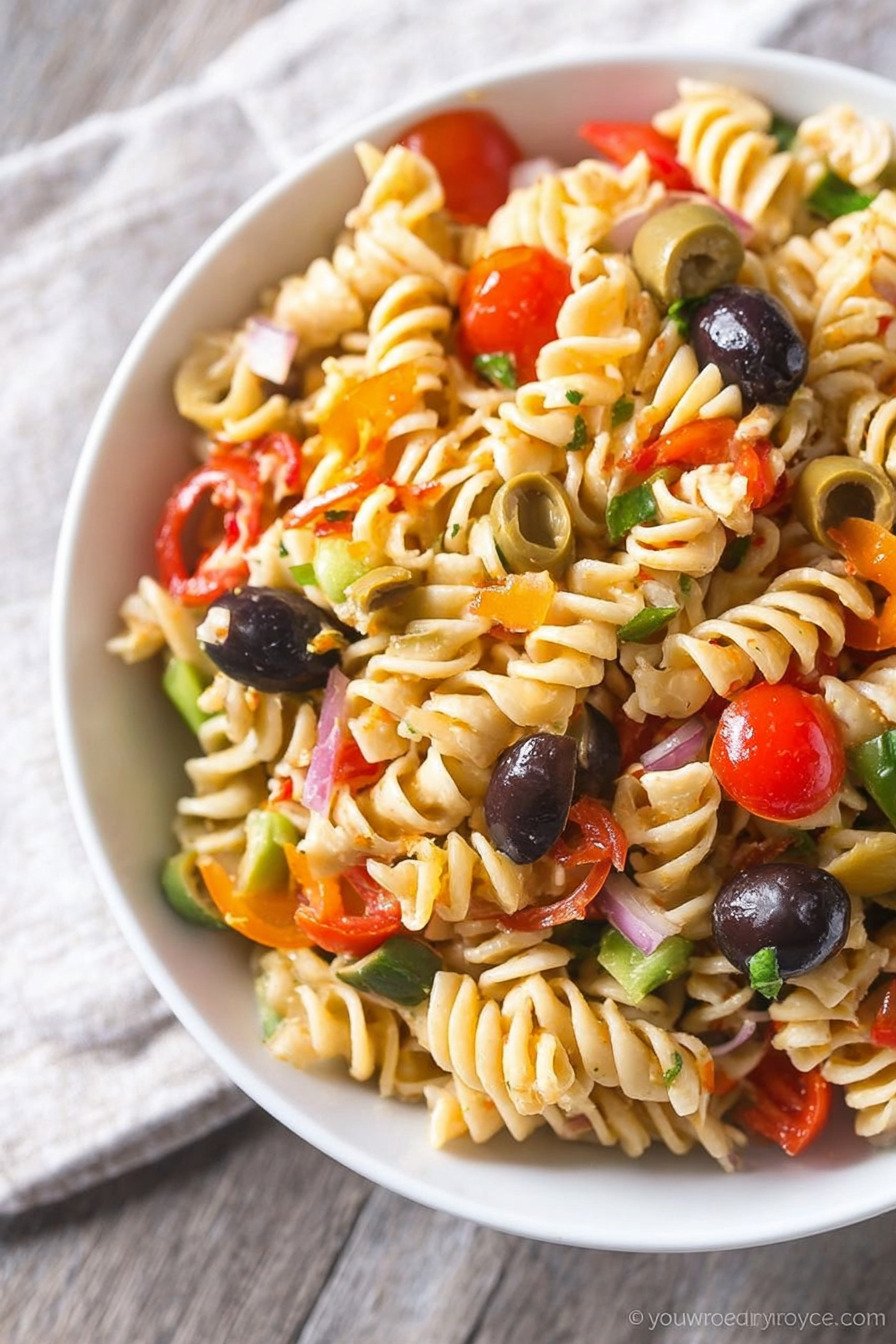 Vegan Pasta Salad with Olives, Peppers, and Italian Dressing recipe tips