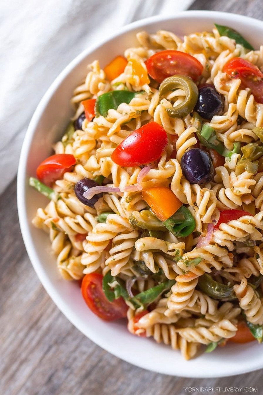 Vegan Pasta Salad with Olives, Peppers, and Italian Dressing final result