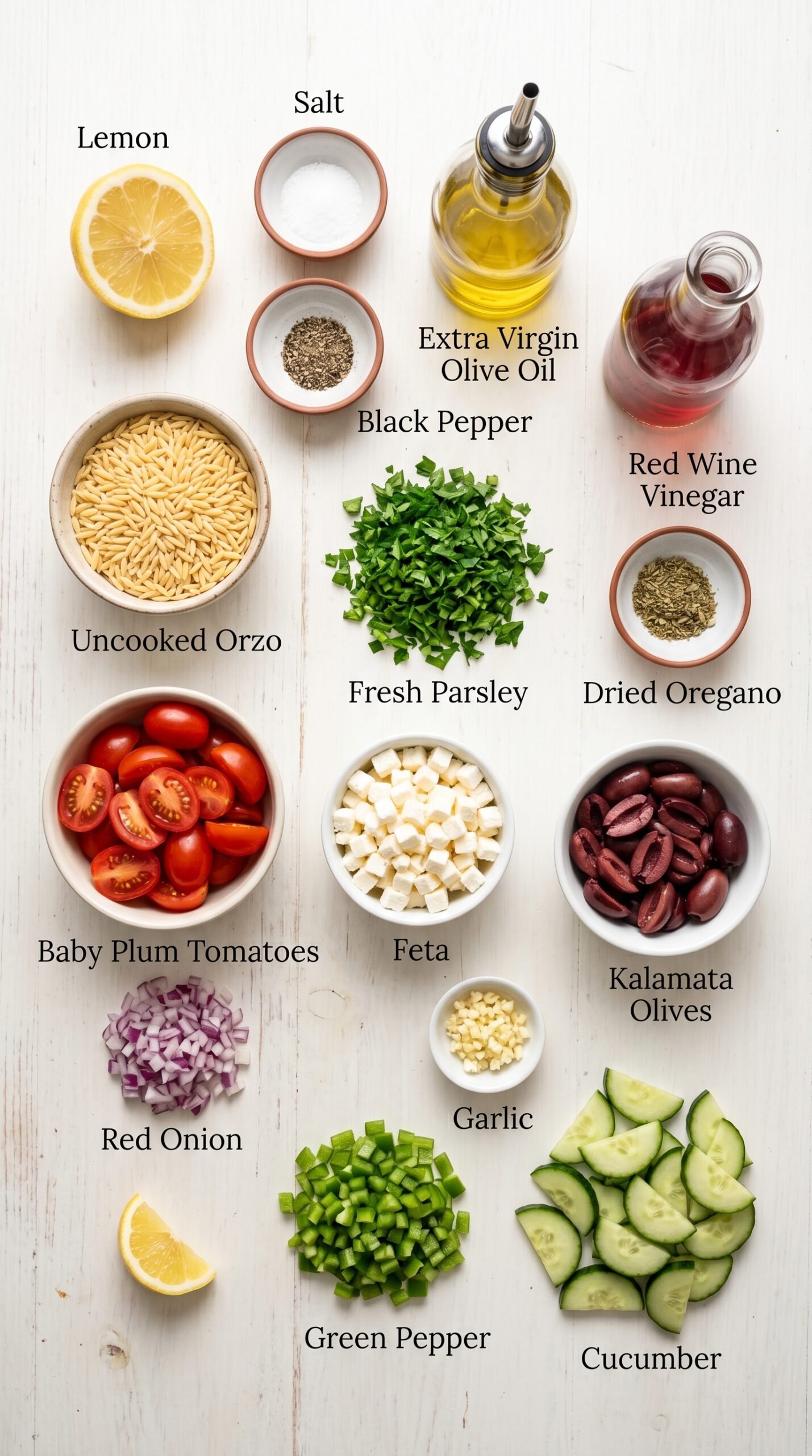 Greek Orzo Pasta Salad with Feta, Olives, and Lemon recipe ingredients