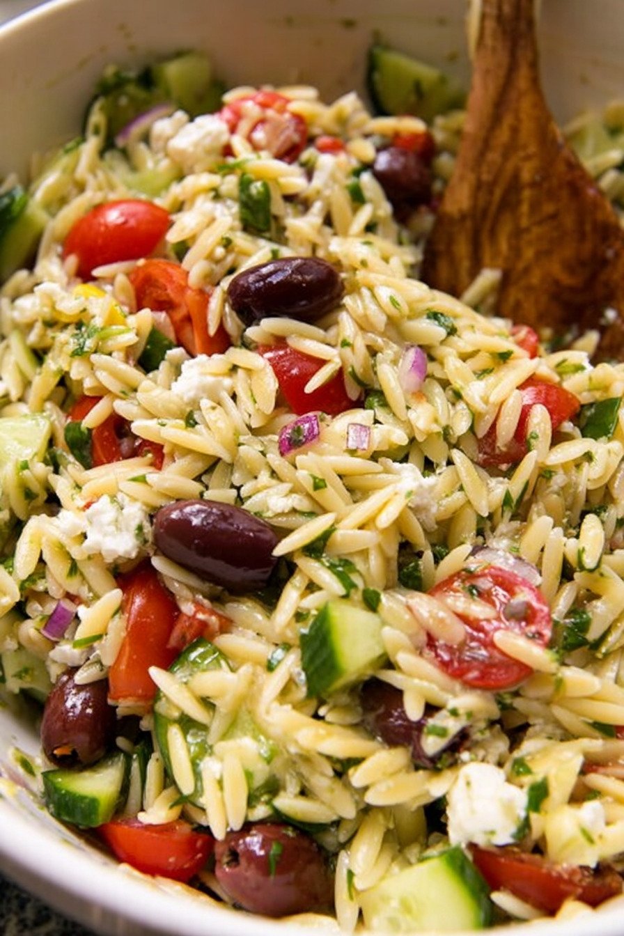 Greek Orzo Pasta Salad with Feta, Olives, and Lemon recipe tips