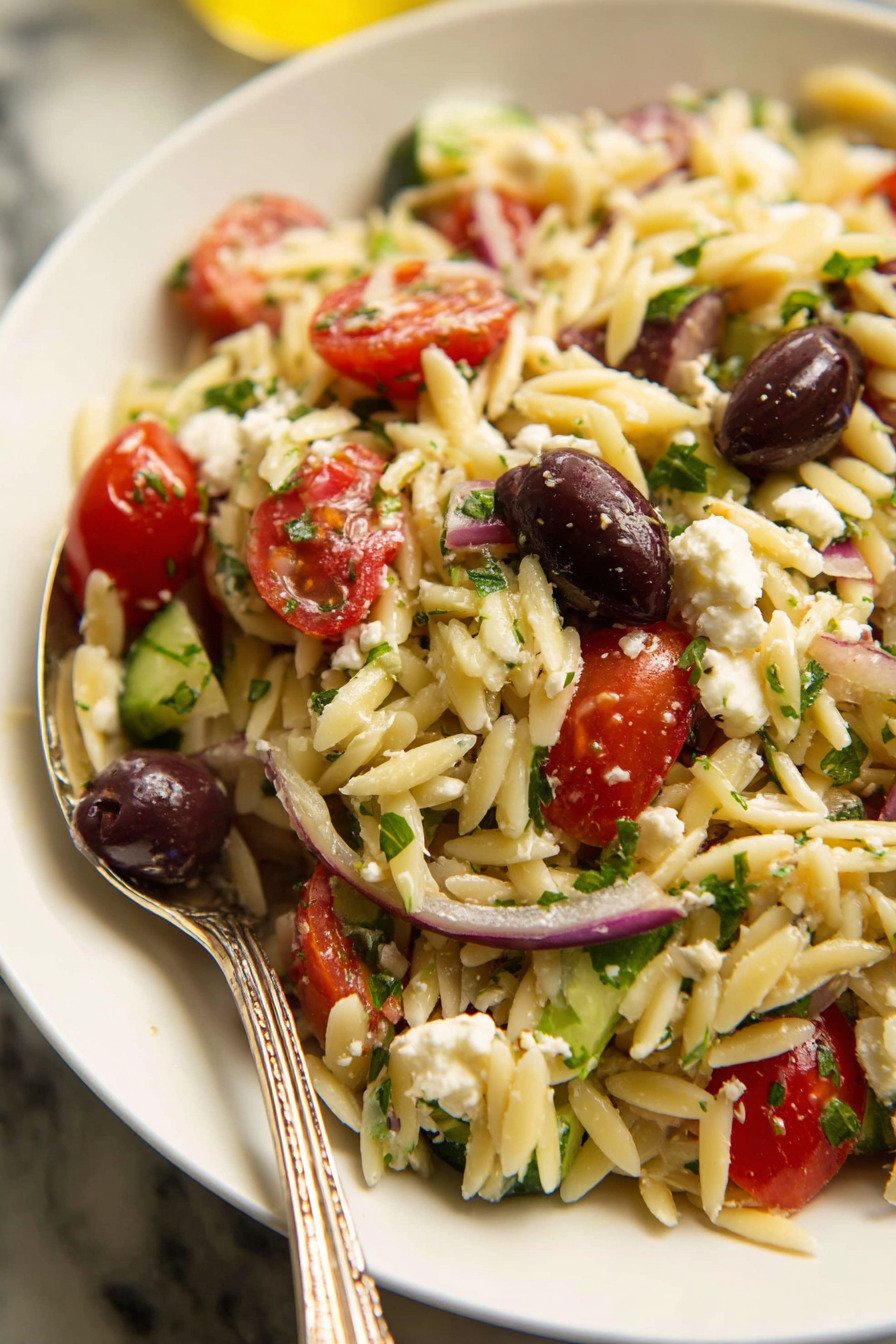 Greek Orzo Pasta Salad with Feta, Olives, and Lemon final result