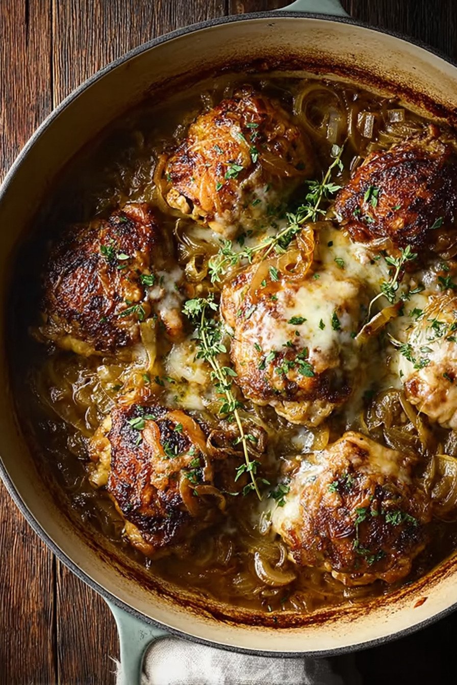 French Onion Chicken Thighs with Gruyère and Caramelized Onions final result