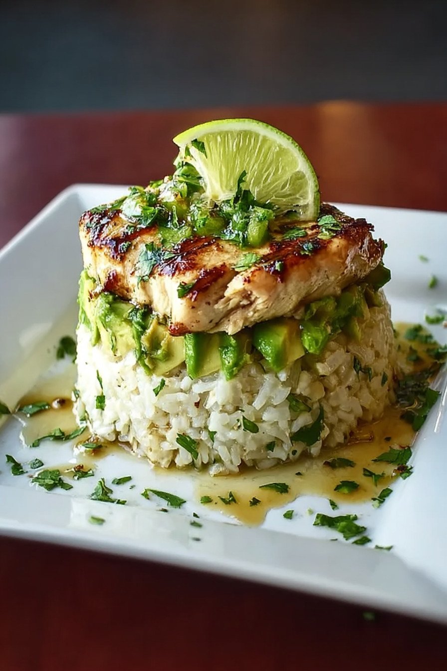 Honey Lime Chicken Avocado Rice Stack final result