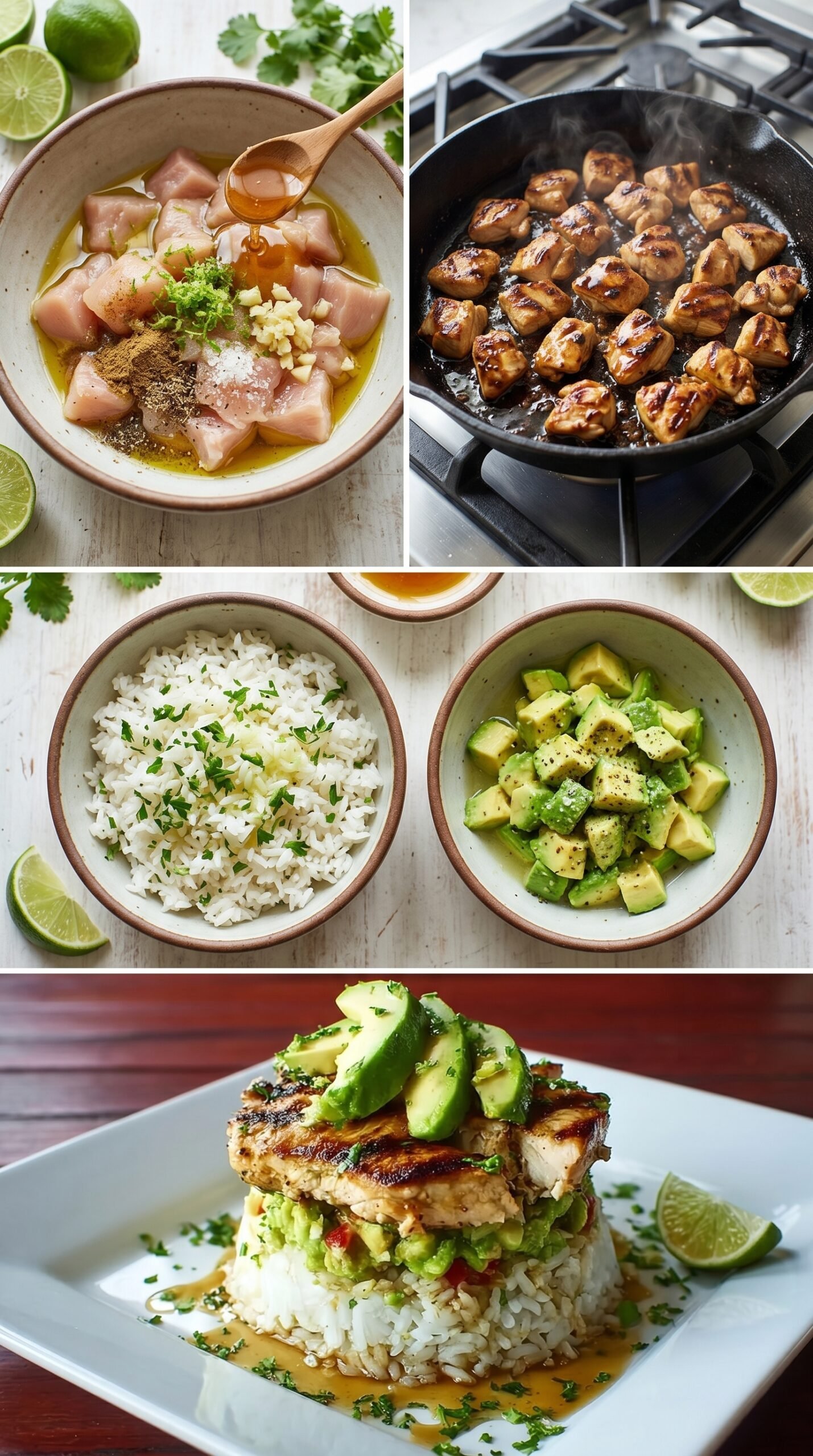 Honey Lime Chicken Avocado Rice Stack recipe instructions