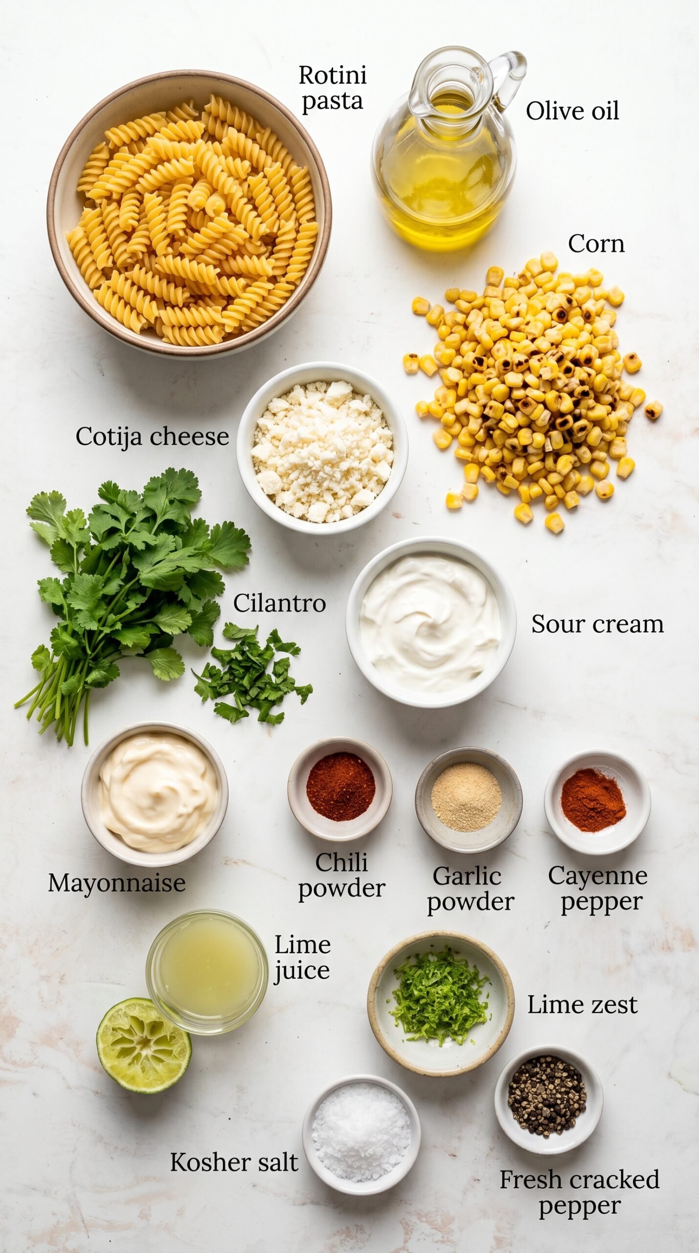 20-Minute Creamy Street Corn Pasta Salad recipe ingredients